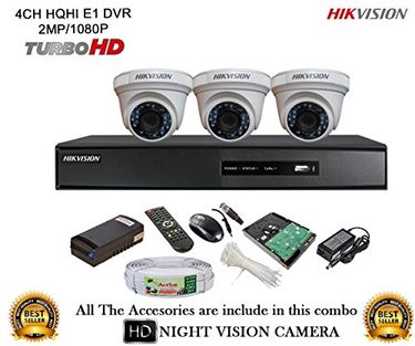 Hikvision DS-7204HQHI-E1 4Ch Dvr, 3(DS2CE56DOT-IR) Dome Camera (With Mouse, Remote, 500GB HDD, Bnc&Dc Connectors,Power Supply,Cable)