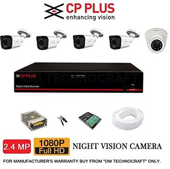 CP PLUS CP-ER-0804E1-TS 8 Channel DVR, 1 (CP-GTC-D24L2-V3) Dome CCTV Camera, 4 (CP-GTC-T24L2C-V3) Bullet CCTV Cameras (With 2TB HDD, Accessories)