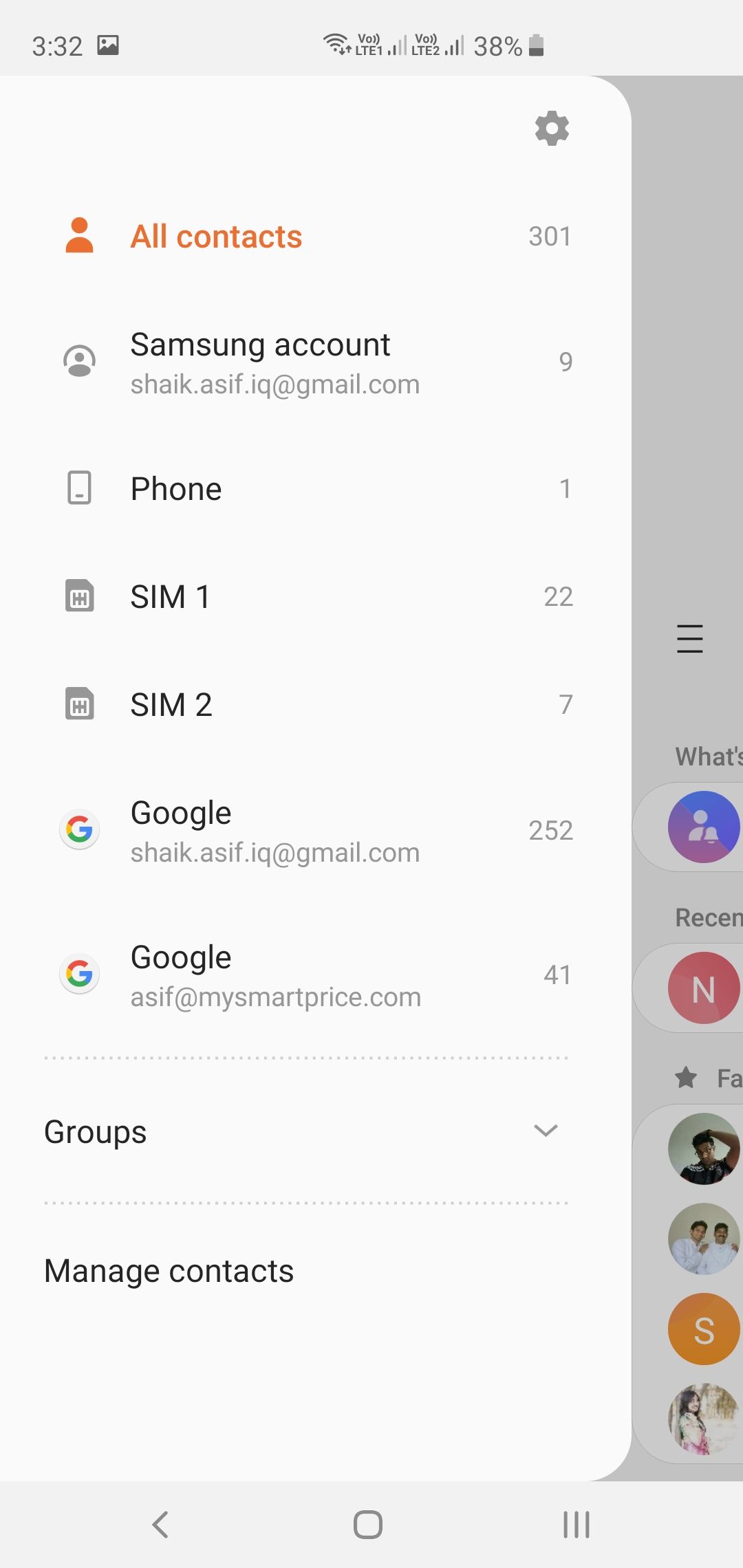 Samsung Galaxy S10+ Dialer Contacts Sources