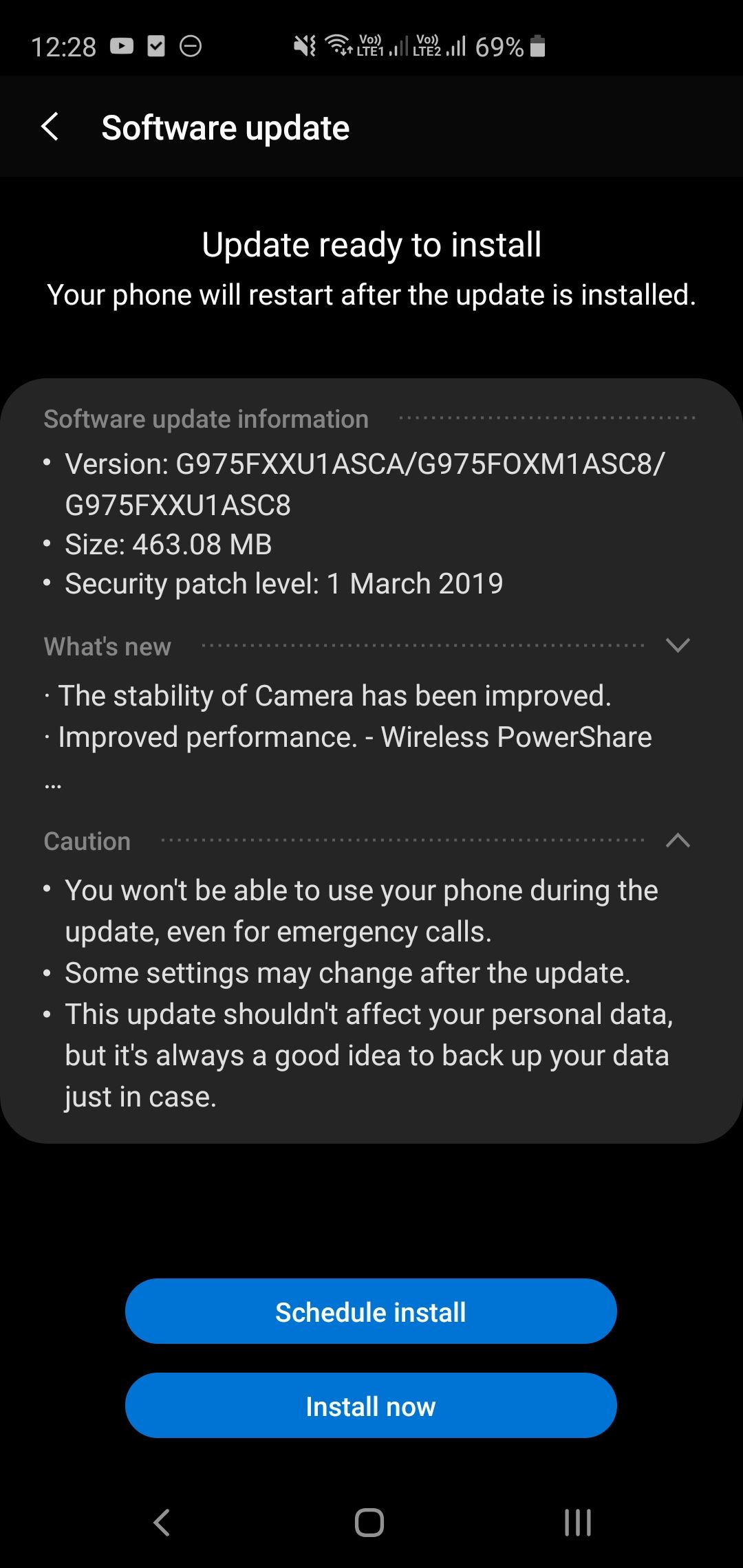 Samsung Galaxy S10+ Software Update March 2019 Android Security Patch G975FXXU1ASCA