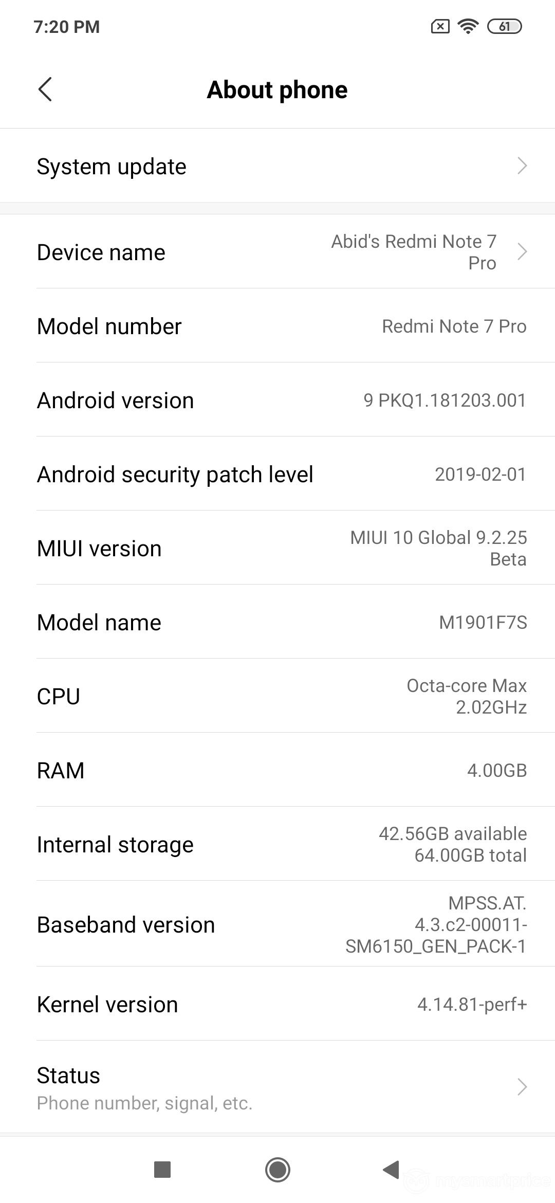 Xiaomi Redmi Note 7 Pro UI Design: Settings (About Phone)