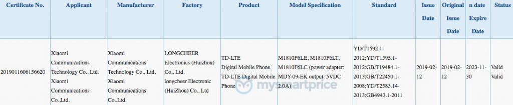 Xiaomi Redmi 7 3C Certification