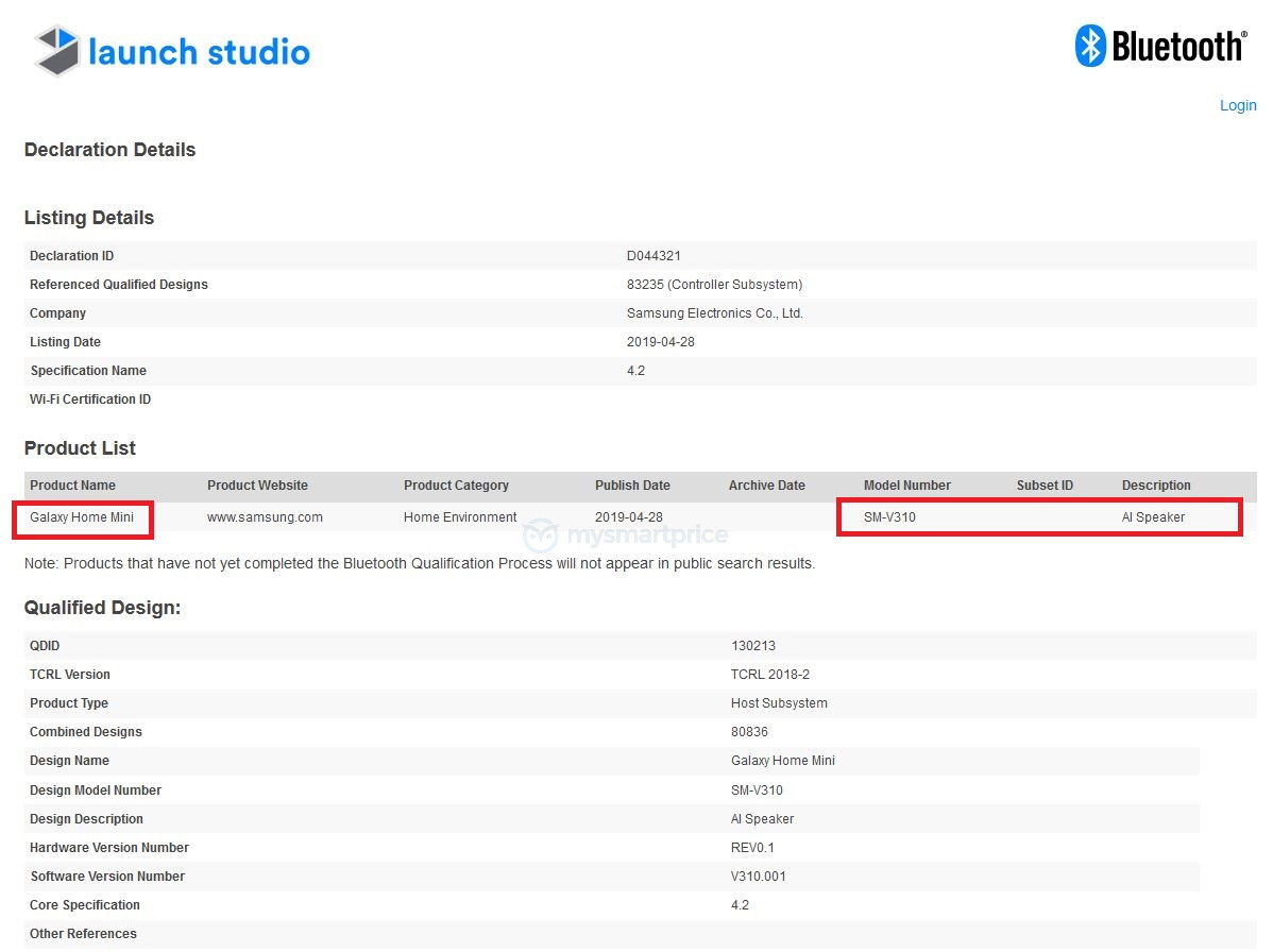 Samsung Galaxy Home Mini SM-V310 Bluetooth Certification