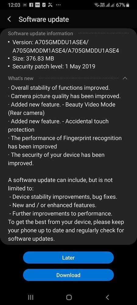 Samsung Galaxy A70 update
