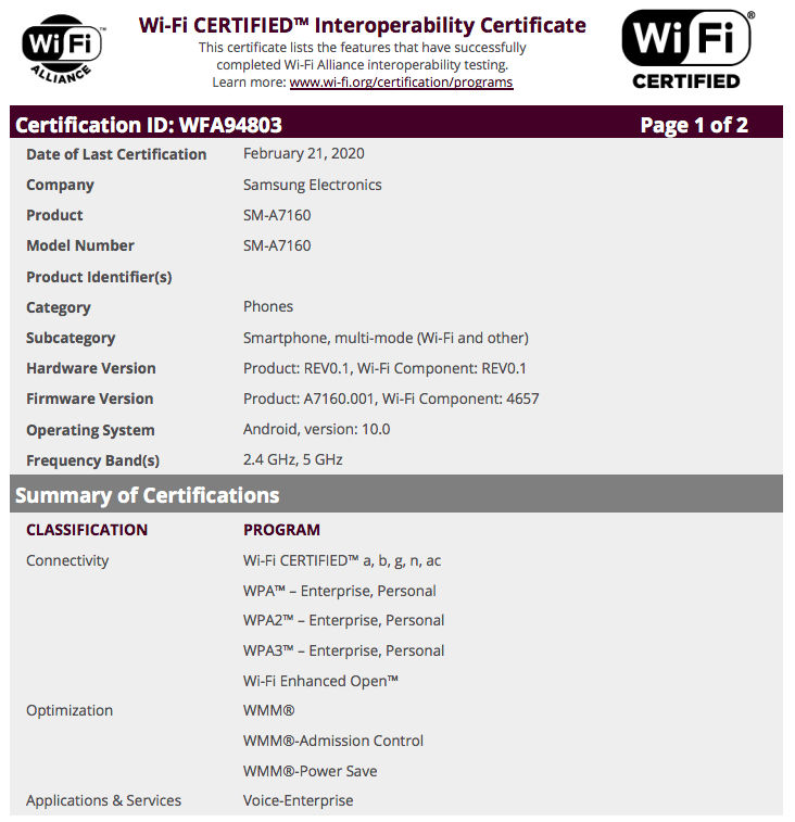samsung galaxy a71 wifi certification