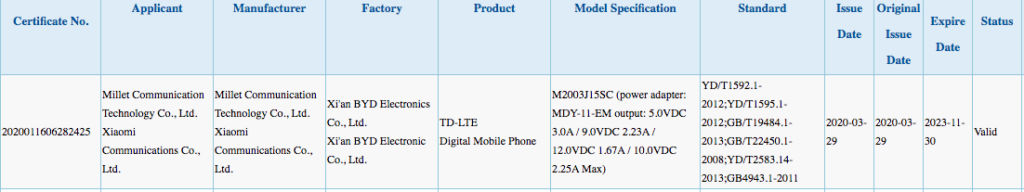 Xiaomi M2003J15SC listing on 3C