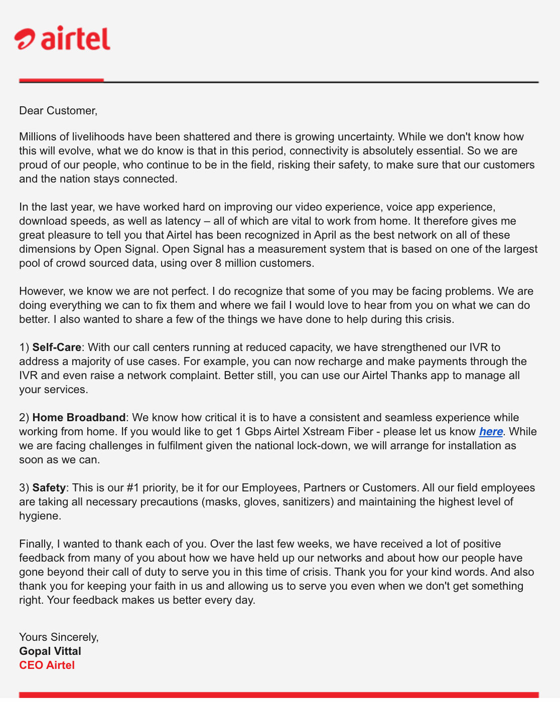 Airtel CEO Message