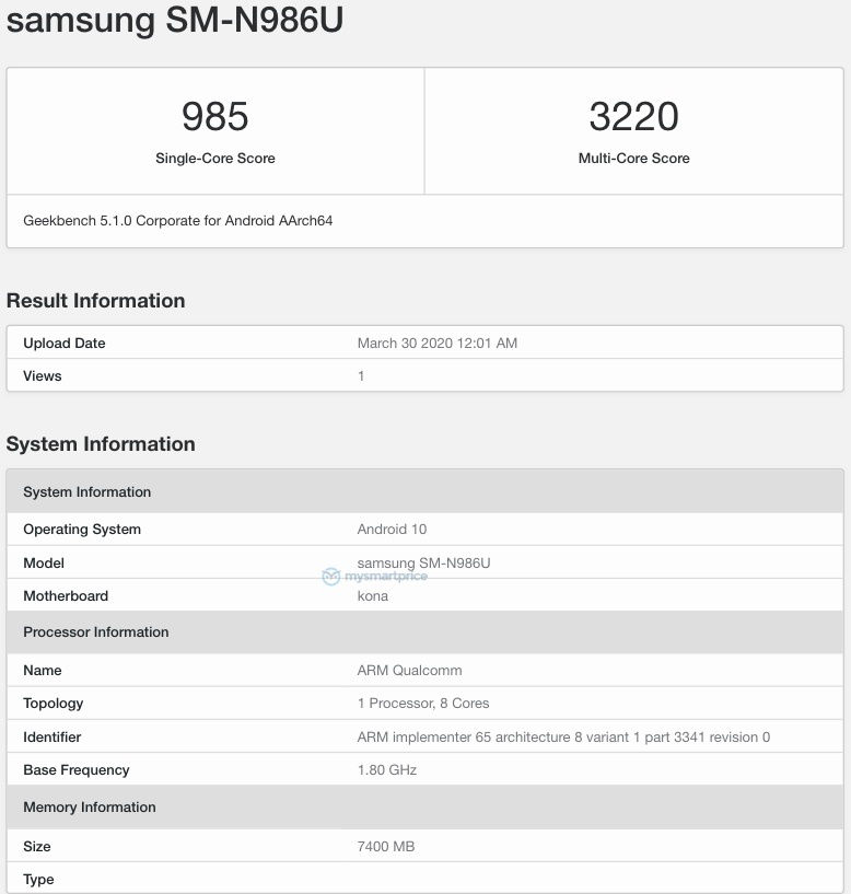 samsung galaxy note 20 Plus geekbench