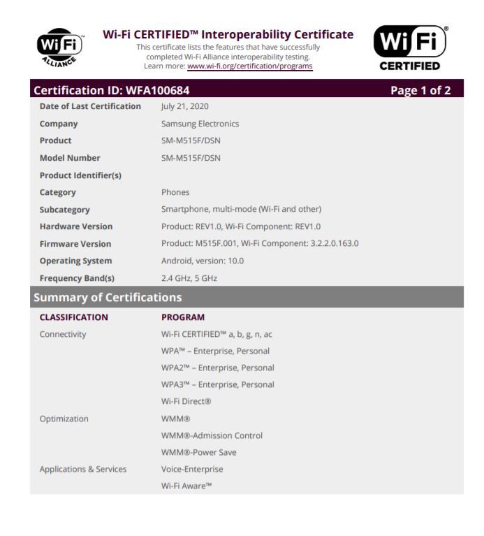 samsung galaxy m51 wifi alliance