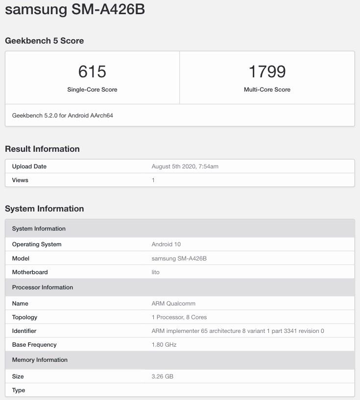 Samsung Galaxy A42 5G (SM-A426B) Geekbench