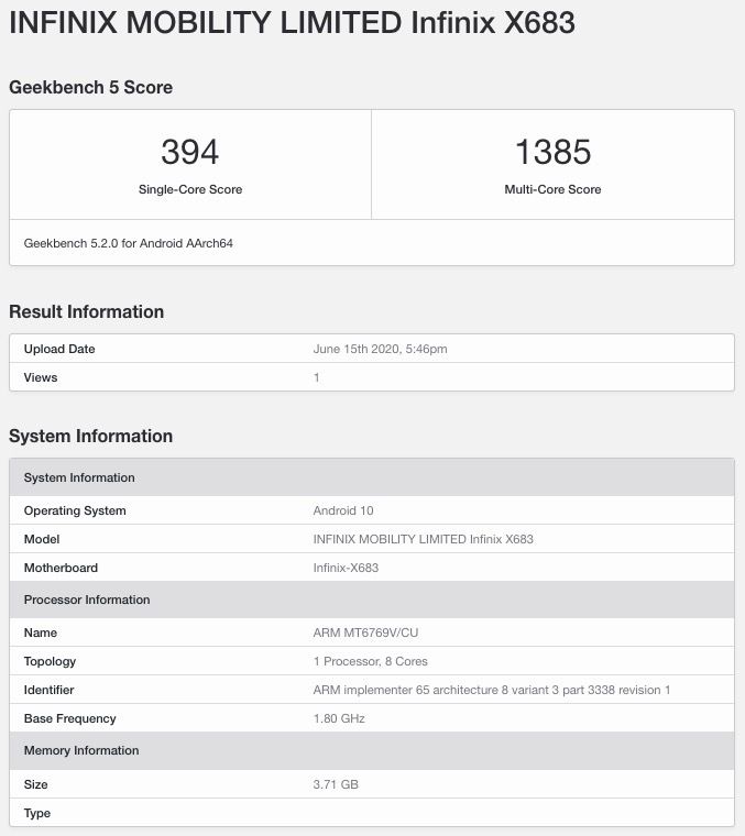 Infinix Note 8i (X683) Geekbench