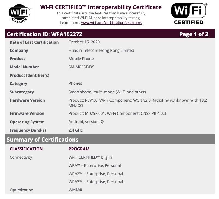 Samsung Galaxy M02 (SM-M025F) Wi-Fi