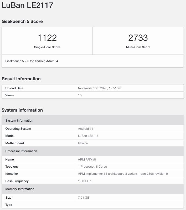 OnePlus (LuBan LE2117) Geekbench