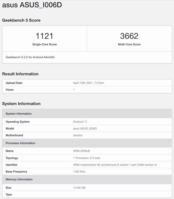 asus zenfone 8 geekbench