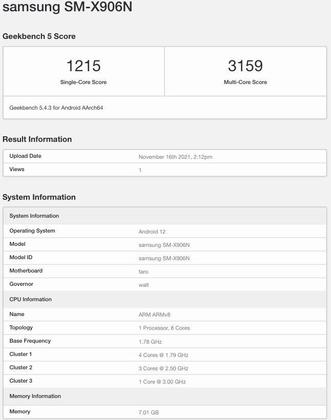 galaxy tab s8 geekbench