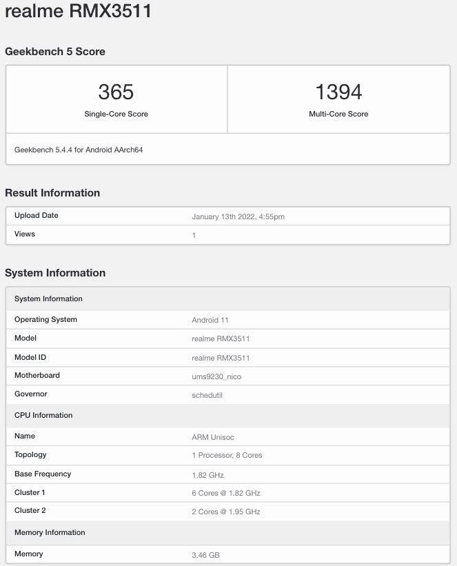 Realme C35 (RMX3511) Spotted on Geekbench with 4GB RAM and Android 11 ...