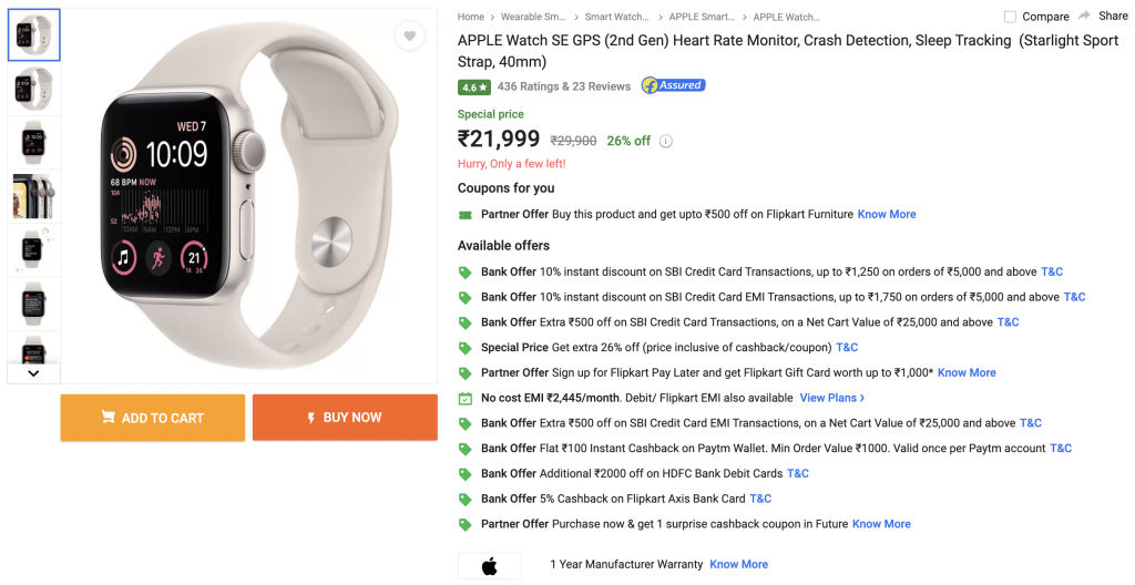 Apple Watch SE 2nd Gen Flipkart Big Saving Days Deal MySmartPrice