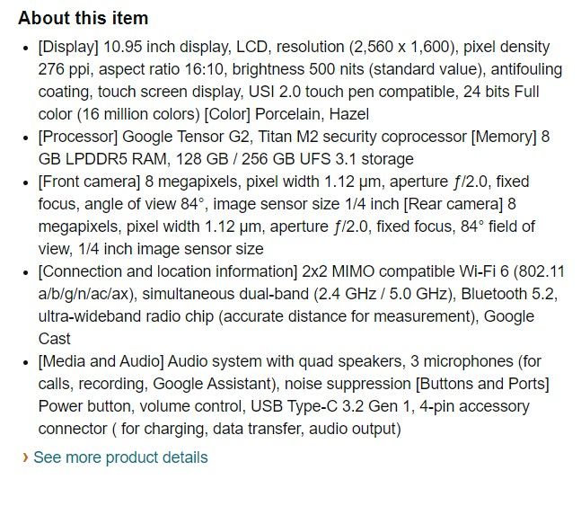 Google Pixel Tablet Specifications