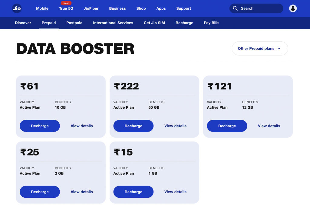 Jio offers five data booster packs in India starting at Rs 15.