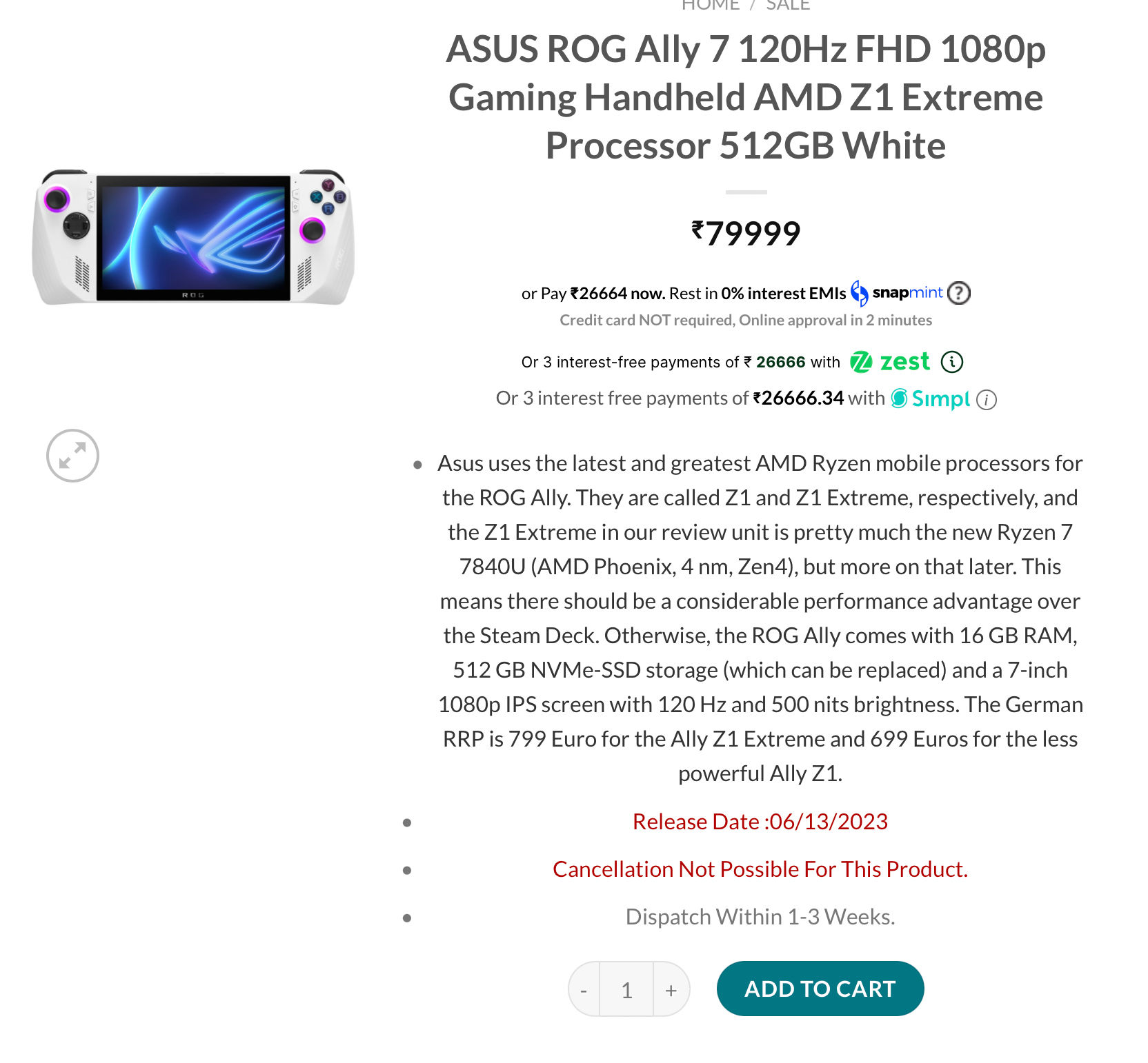 Asus - ROG Ally 7 120Hz FHD 1080p Gaming Handheld - AMD Ryzen Z1 Processor - 512gb - White