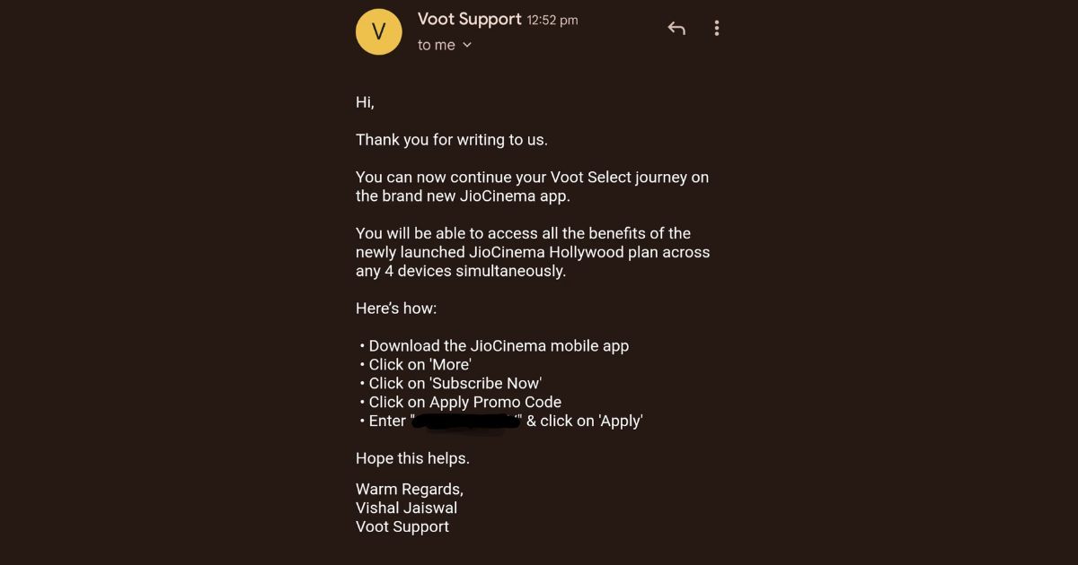 VOOT Select users are getting free JioCinema Subscription. (Image source: @mr__7 on r/IndiaEntertainment)