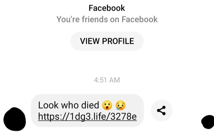 'Look who died' Facebook scam is locking people out of their accounts. (Image source @throwawaiexoxo on r/Scams)