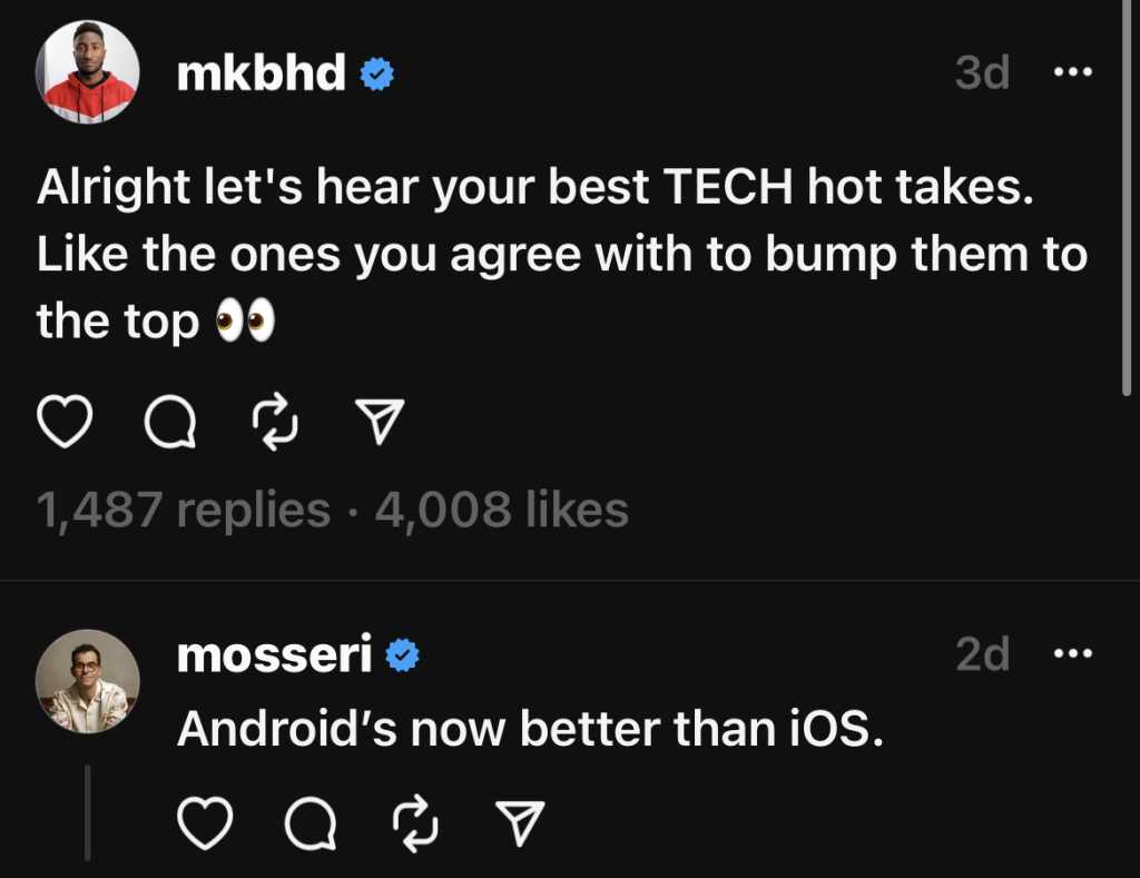 Adam Mosseri says Android is better than iOS on Threads app.