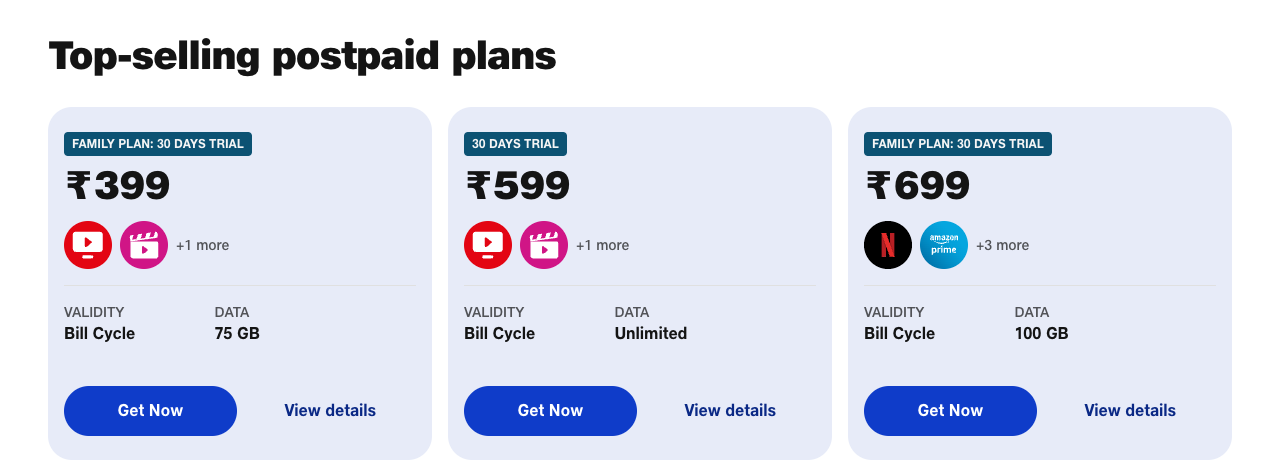 Jio is offering free trial with three of its top selling postpaid plans in India.