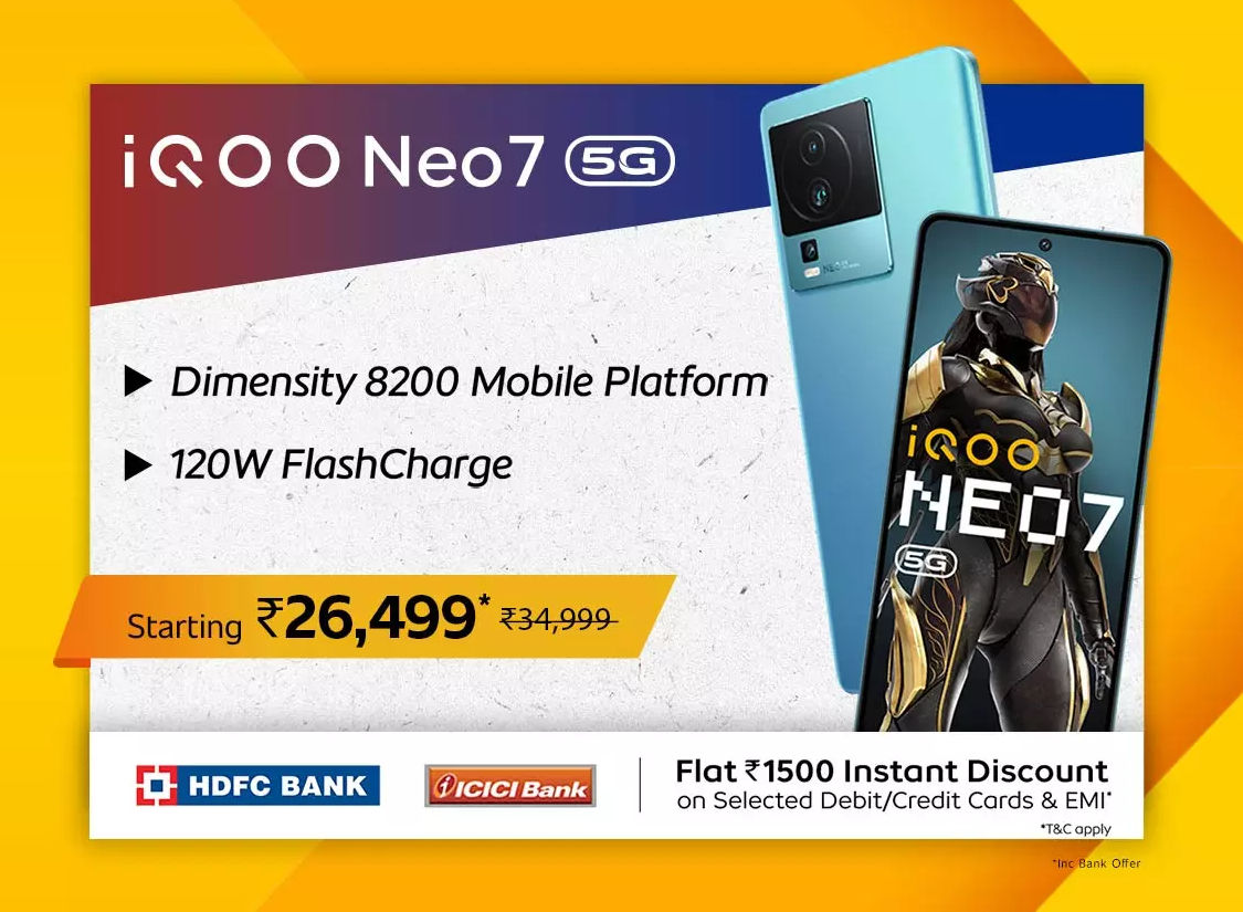 iQOO Neo 7 5G comes with a MediaTek Dimensity 8200 SoC and 120Hz AMOLED display.