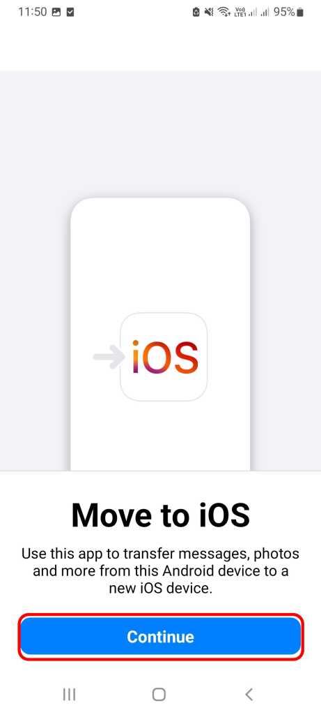Move to iOS continue button
