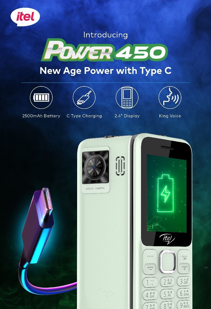 itel power 450 is the first feature phone to come with USB Type-C charging port.