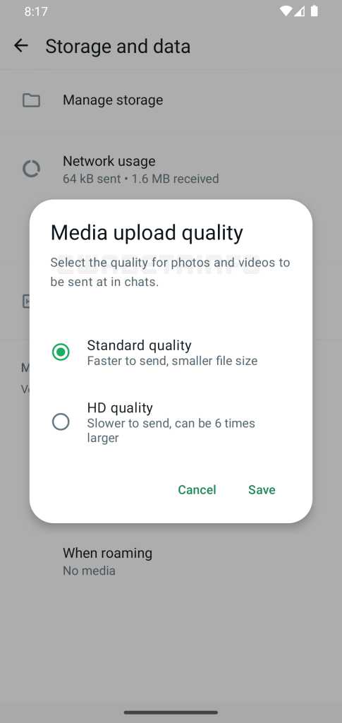 WhatsApp users can now set default media upload quality to HD.