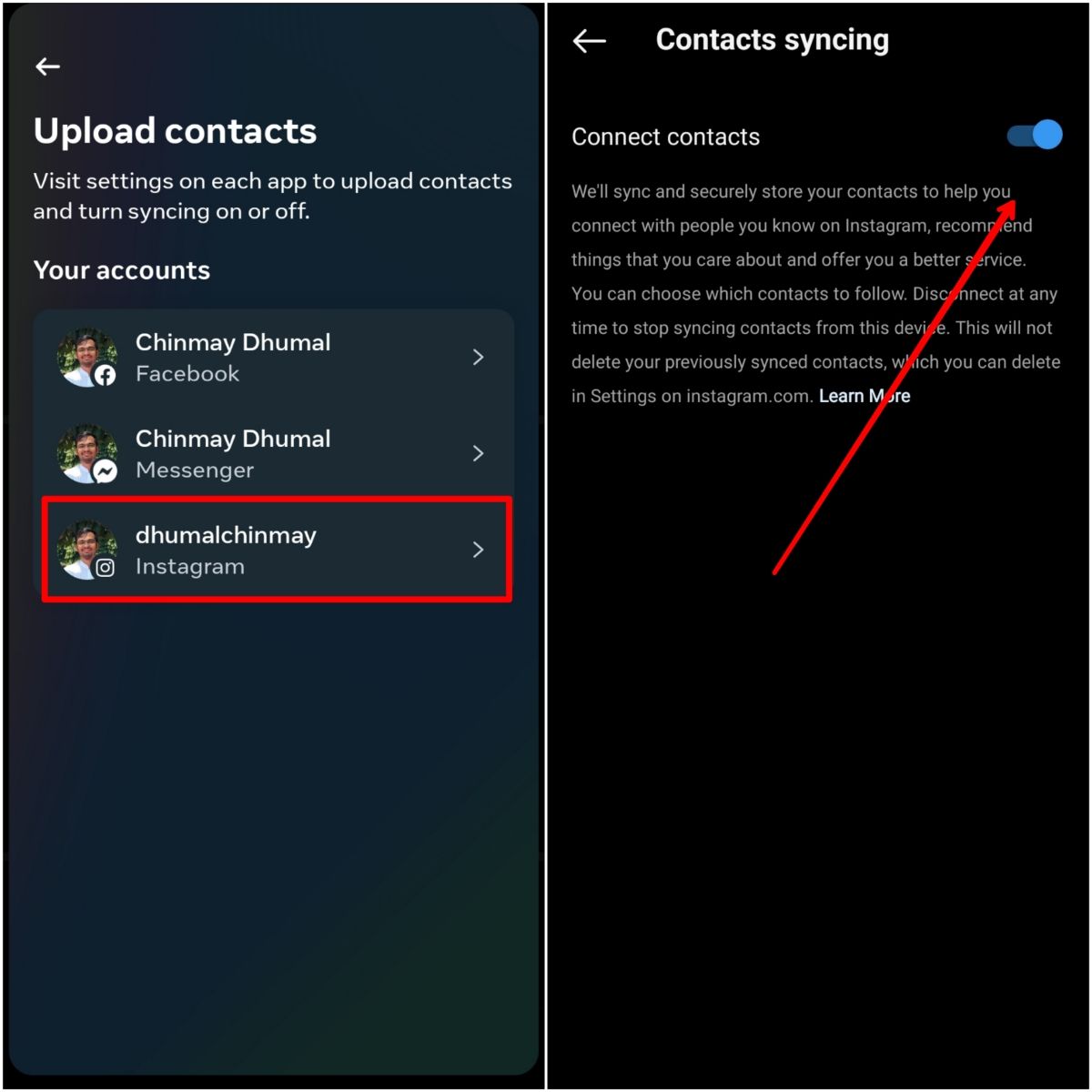 connect contacts on Instagram