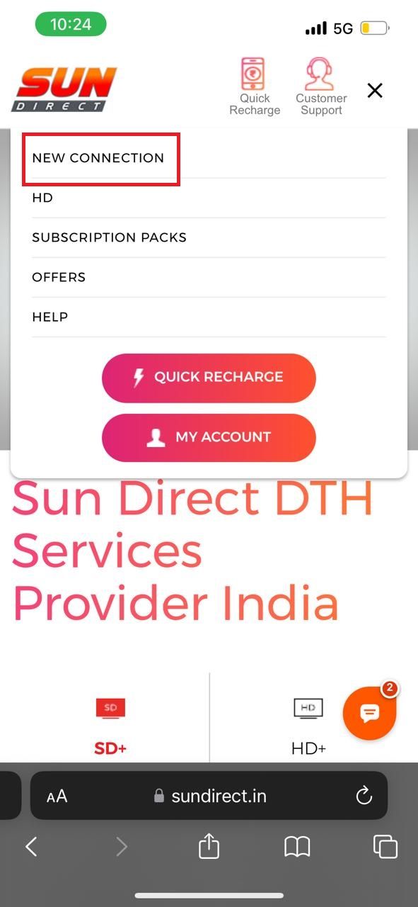 how to get sun direct dth new connection