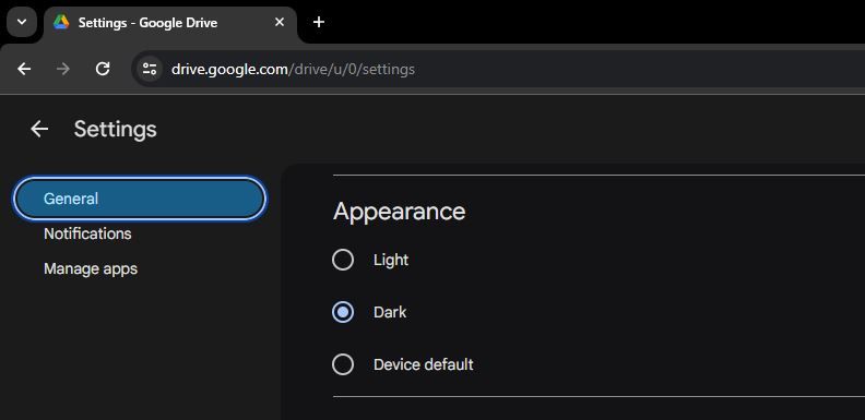 dark mode setting on google drive