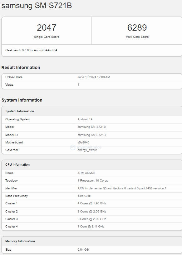Samsung S24 FE Geebench