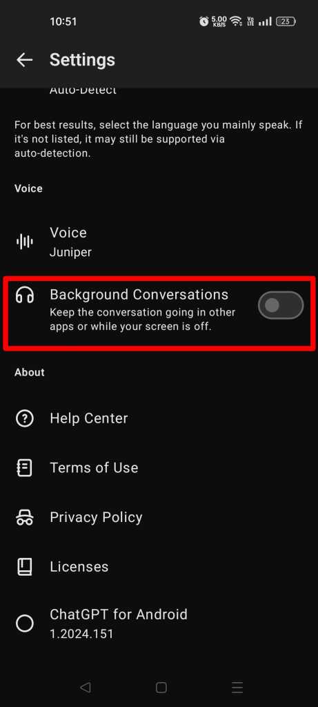 chatgpt app background conversation setting
