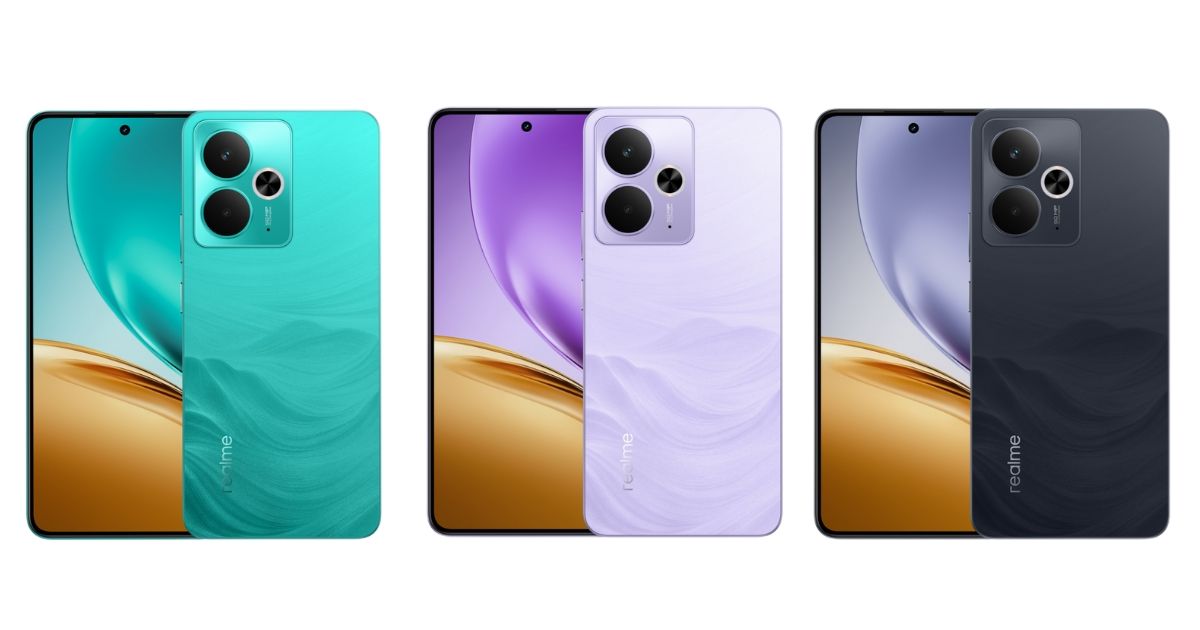 Realme 14T in Surf Green, Lightning Purple, and Obsidian Black