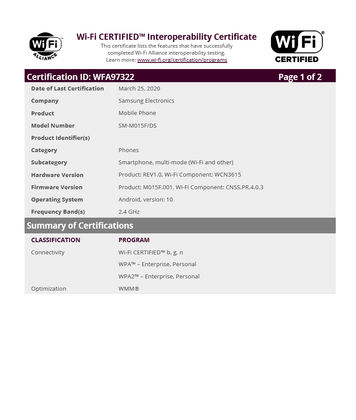 Samsung Galaxy M01 SM-M015F listing on Wi-Fi Alliance certification website