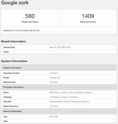 Google Zork with Chrome OS and Ryzen 2 3250C CPU listing on Geekbench