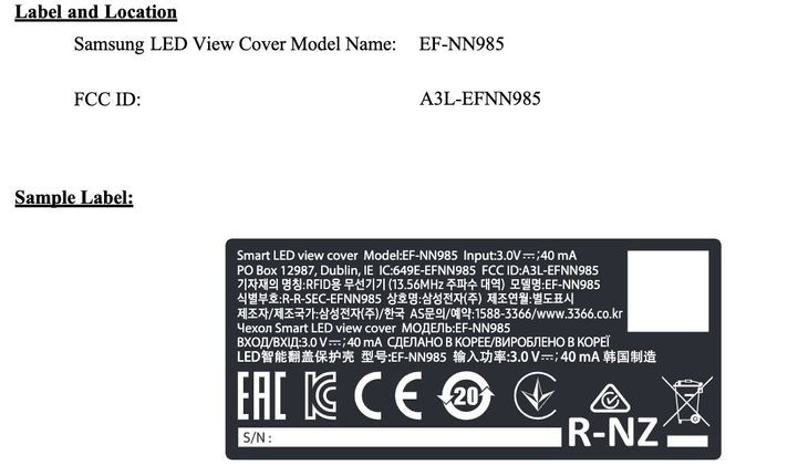 Samsung LED View Cover EF-NN985 FCC Label