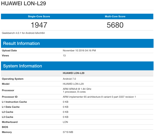 Huawei P10 on Geekbench