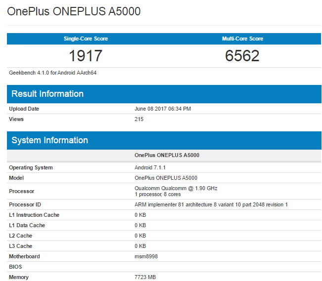 preparar filósofo Motear OnePlus 5 A5000 visits Geekbench; affirms Snapdragon 835 SoC and 8GB RAM