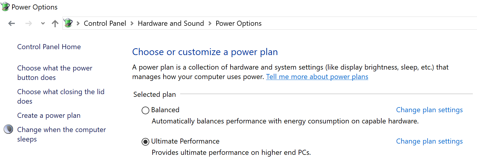 Windows 10 Ultimate Performance power plan policy