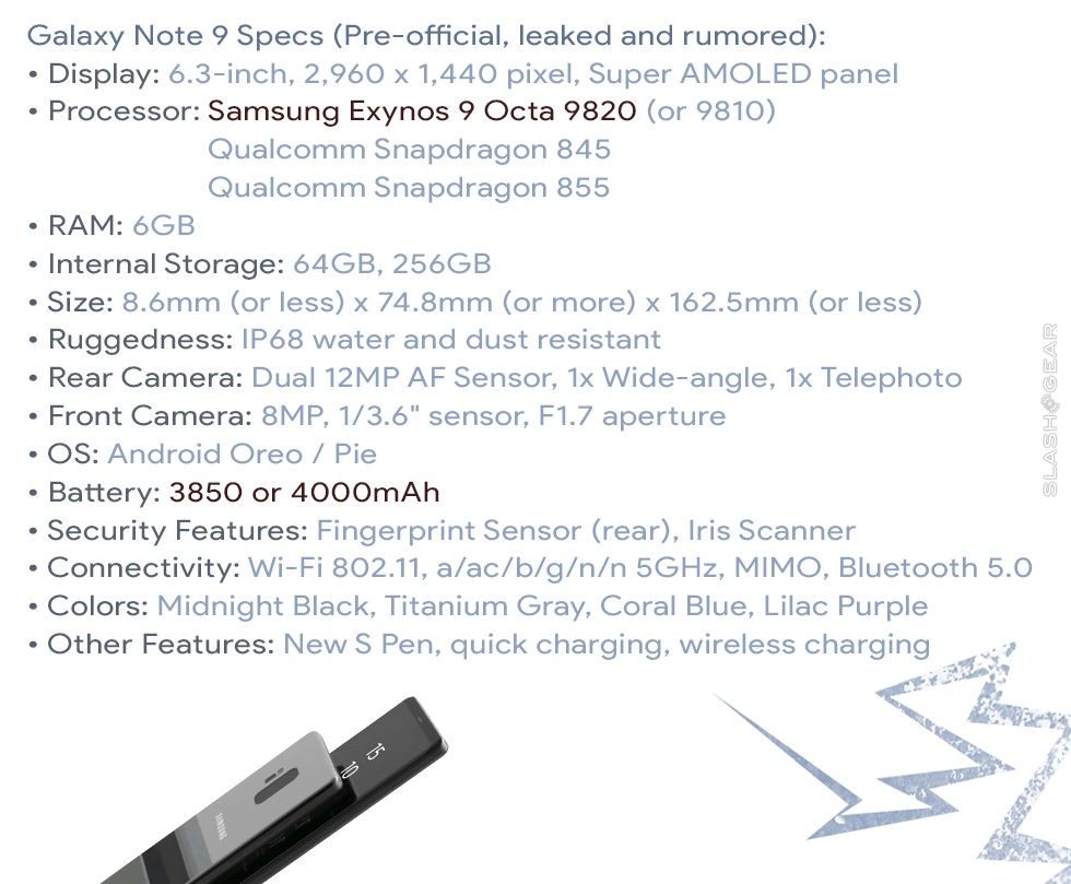 Galaxy Note 9 leaked spec sheet
