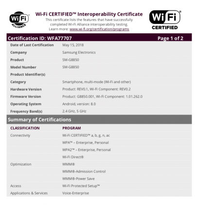 Samsung Galaxy A8 Star SM-G8850 Wi-Fi Alliance Certification