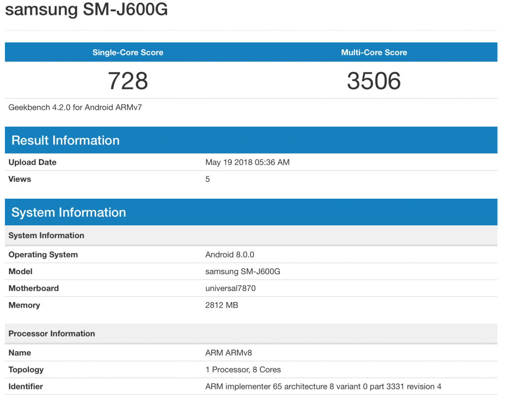 Samsung Galaxy J6 SM-J600A Geekbench