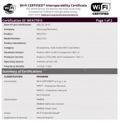 Samsung SM-J737U Wi-Fi Alliance Certification