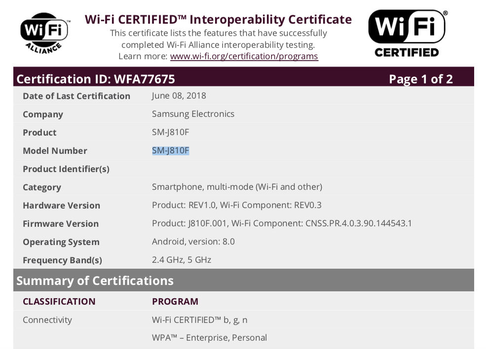 Samsung Galaxy J8 (2018) Gets Certified By Wi-Fi Alliance