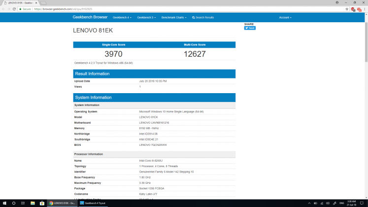 Lenovo Yoga 530 Geekbench score